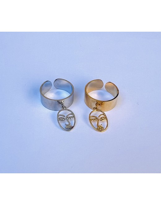 Bague réglable en acier avec pampille visage