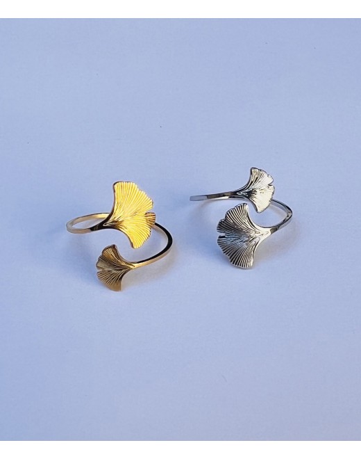 Bague réglable en acier inoxydable avec fleur de Ginkgo