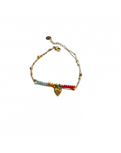 Bracelet double rangs réglable en acier inoxydable avec coeur