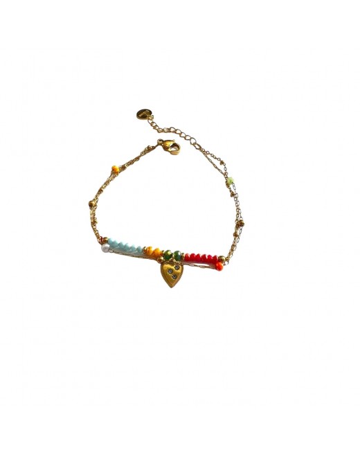 Bracelet double rangs réglable en acier inoxydable avec coeur