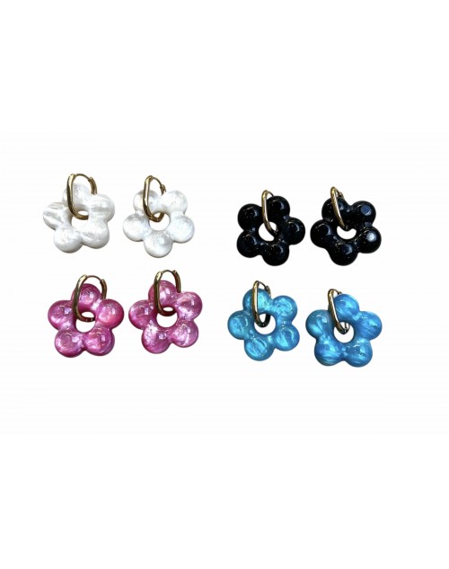 Boucle créole en acier inoxydable avec grosse fleur résine